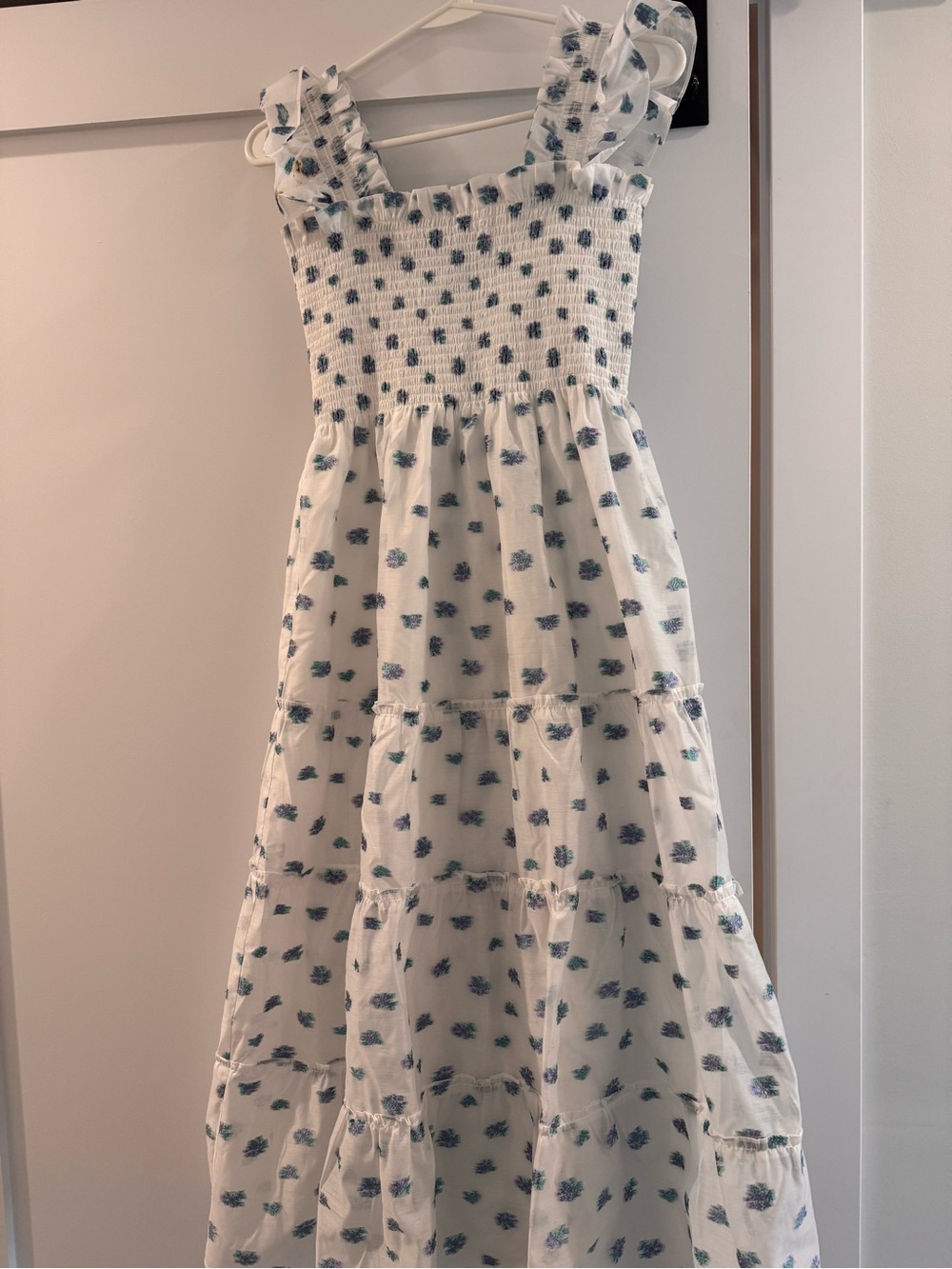 Hill House White Maxi Tiered Smocked Dress with Blue Floral Dots